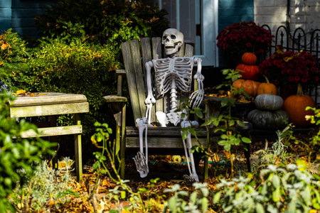 Halloween skeleton decorations. Halloween skeleton for decorated house. Scary skeleton Decorated at front yard of a American home. Trick or treat. Halloween skeleton background.の写真素材