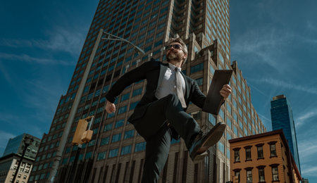 Businessman go step forward in city street. Next Steps. Business Ambitions concept. Goal business success strategy. Creative growth. Growth business success process. Steps Forward. Step by step.の写真素材