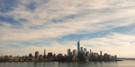 New York skyline. Manhattan view from Jersey, New York skyscraper. Aerial view of Big Apple. New...