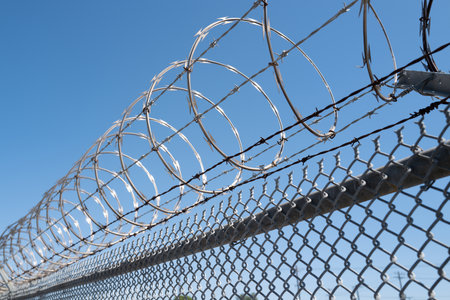 Barbed wire on the fence. Barbed wire fence delimiting the border of safe area. Security,...