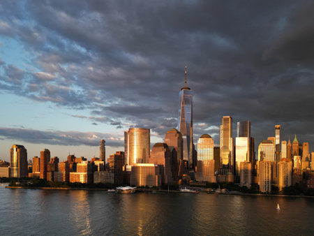New York City. NYC aerial view, New York City Skyline with dramatic sky. Panoramic drone view on...