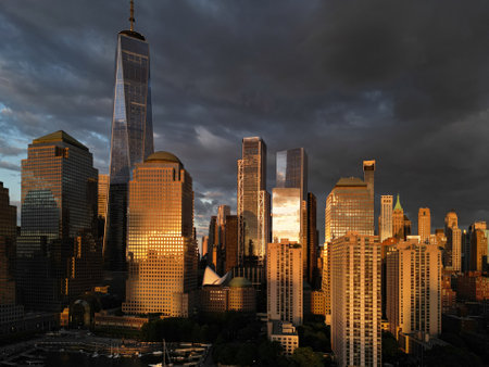 NYC aerial view, New York City Skyline with dramatic sky. Panoramic drone view on Manhattan in NY.