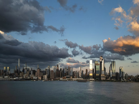 NYC aerial view, New York City Skyline with dramatic sky. Panoramic drone view on Manhattan in NY.の写真素材