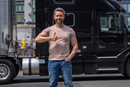 Happy Truck driver. CDL. Portrait of trucker standing by his truck vehicle ready for transport. Male...