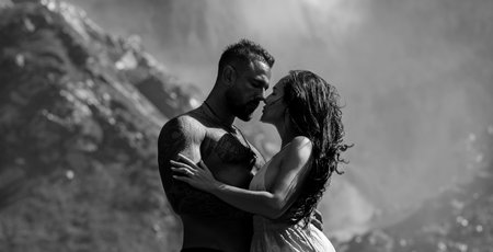 Romantic lovers. Young couple in love hugging in the nature. Portrait of a amazing couple embracing...