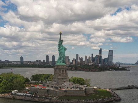 Panoramic aerial view Statue of Liberty in New York City, NY, USA. The Statue of Liberty over the...
