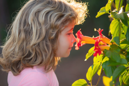 Kid Love. Child Self Love. Lovely Child in Fashion Hat hold Rose. Valentines day kids. Portrait of dreaming child. Kids dreaming face. Love kids dreams. Portrait of dreamer romantic child smell flower.の写真素材