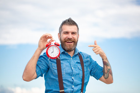 Good morning. Man awake in morning. Portrait of man with beauty face. Morning hygiene. Morning routine for guy. Happy wake up.の写真素材