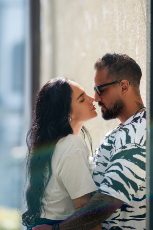 Couple in love Passionate Romantic moment. Tender lovers. Loving embrace. Couple in love man and woman hugging. Models.の写真素材