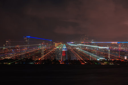 Skyline city miami lighting lights sea ocean sunset night cityscape buildings downtown, architecture...