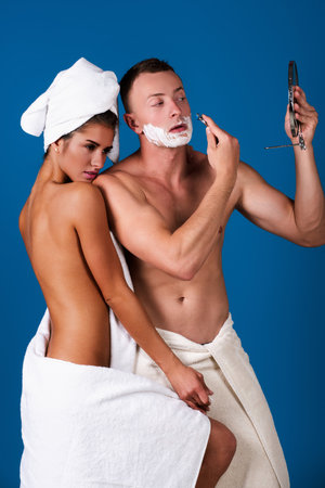 Sexy Couple awake in morning. Couple beauty face. Morning wellness. Good morning male face. Morning routine.の写真素材
