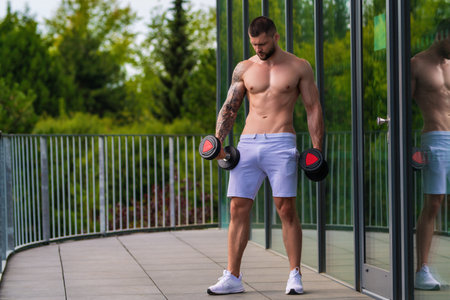 Man exercising with barbell. Fit model lifting weight barbell, workout at gym. Workout with barbell. Man strong muscular fit man workout with barbell with heavy weight. Exercises for muscular biceps.の写真素材