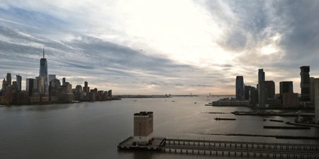 Manhattan skyline from drone. Manhattan over the Hudson river. Manhattan cityscape, aerial view. Manhattan downtown skyline with urban skyscrapers.の写真素材