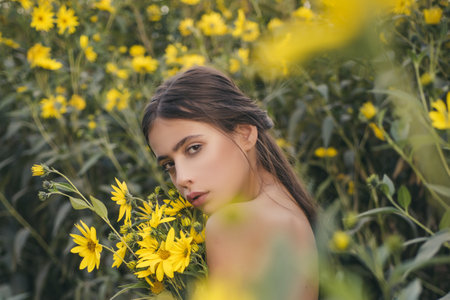 Female tenderness in spring. Beautiful tender woman. Close up portrait of a beautiful tender model. Portrait of tender girl with smooth silky soft skin. Beautiful sexy tender model.の写真素材
