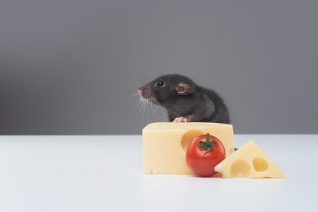 Rat eating cheese. Domestic rat with cheese on a gray background. A pet rat eats a piece of cheese. Mousetrap Risk. Funny mouse with a piece of cheese. Funny portrait of a mouse.の写真素材