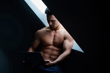 Sexy man with perfect muscular naked body. Shirtless sexy muscled male model. Muscular handsome guy with strong body. Sexy sport muscle guy. Sexy man with naked torso, muscles guy.の写真素材