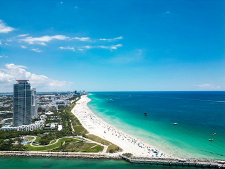 Miami cityscapes. Skyline of Miami Beach from top. Miami beach coastline. Panoramic view of Luxury condos in Miami Beach Florida. Aerial View of Surfside Beach.の写真素材