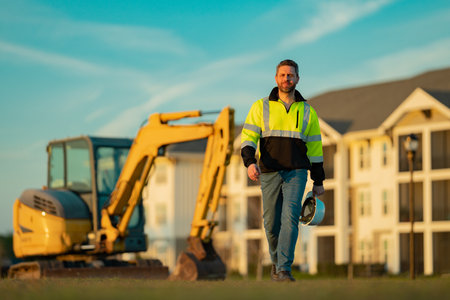 Builder with excavator for construction at the construction site. Machinery tractor with builder at...