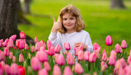 Tender Spring. Child play outdoors in a beautiful spring garden. Kid face in tulip flowers. Adorable little kid in blooming tulips garden on beautiful spring day. Happy child during spring blossom.の写真素材