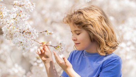 Cute blonde kid boy in spring garden. Little child under a blossom tree. Happy kid playing under blooming cherry tree. Kid with flower on Easter. Adorable kid in blooming cherry garden on spring day.の写真素材