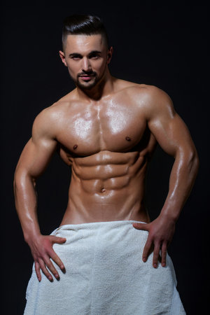 Sexy fit body of muscular man. Sexy male shape body. Muscular body. Perfect Muscular naked torso. Hunk with athletic body.の写真素材