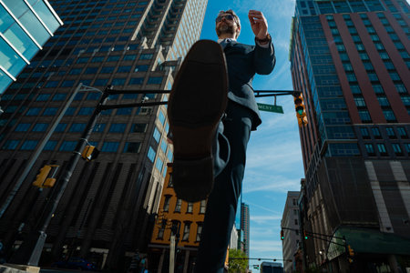Businessman go step forward in city street. Next Steps. Business Ambitions concept. Goal business...