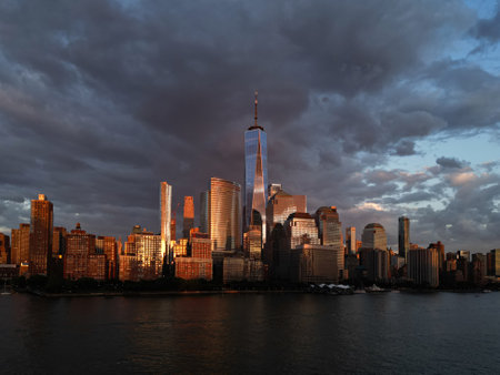 NYC, New York City Skyline with dramatic sky. American Urban Skyscrapers USA near dramatic clouds....