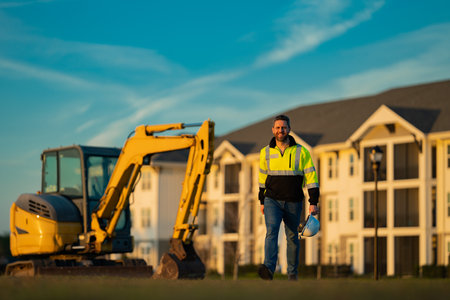 Worker man, small business owner. Construction worker with hardhat helmet on construction site....