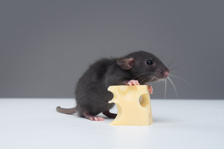 Rat eating cheese. Domestic rat with cheese on a gray background. A pet rat eats a piece of cheese....