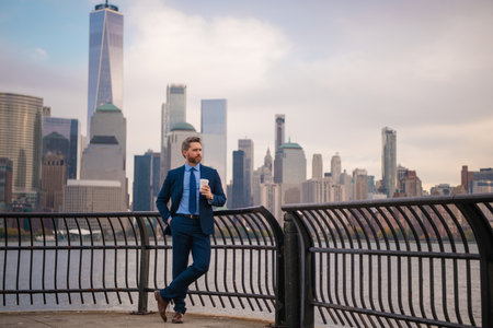 Business outdoor portrait. Middle age businessman in NYC street. Mature age, mid adult man in 40s walk at Manhattan. Business portrait of Hispanic business man. Outside business and office concept.の写真素材