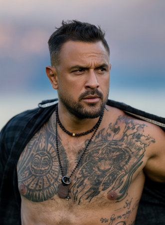 Fashion male model. Handsome man with topless body. Muscular model. Portrait of handsome sport...