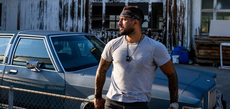 Man street, social problem. Man on urban street. Dangerous aggressive man. Danger american street.