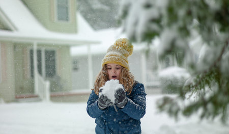 Kid boy play in the snow with a winter hat. Happy kid in warm clothes enjoying snow falling. Kid...