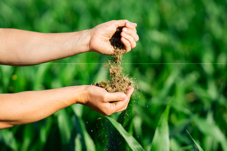 Soil in Farmers hand. Land soil prepared for planting. Farmer hold soil. Farmer checking soil on...