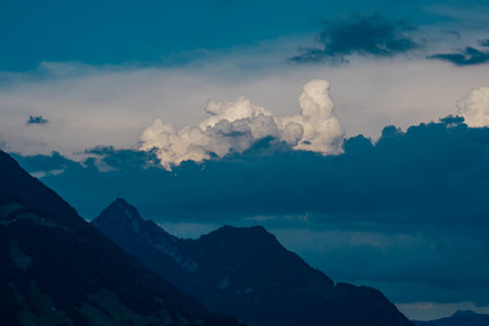 Alps mountains and like in Switzerland. Alps nature in Switzerland. Swiss Alps. Panoramic of the nature of Switzerland. Nature of Swiss lakes. Switzerland scenic landscape. Alps Nature background.の写真素材