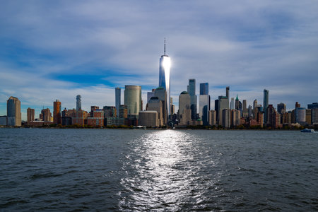 New York City skyline. NYC skyscrapers reflections in water. Manhattan skyline over Hudson River. NY cityscape. Downtown New York buildings. NYC skyline. View of NYC skyline. Hudson and Manhattan.の写真素材