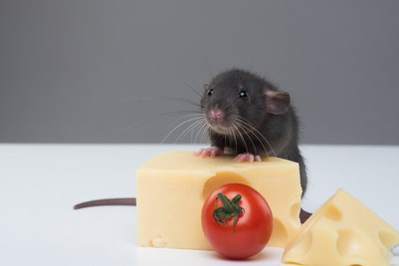 Rat with cheese. Domestic rat with cheese on a gray background. A pet rat eats a piece of cheese. Mousetrap Risk. Funny mouse with a piece of cheese. Funny portrait of a rat.の写真素材