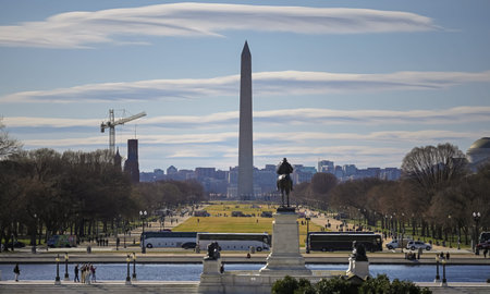 View of Washington Monument. Washington, DC is the capital of the USA. The state Monument in...