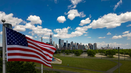 New York City near American flag, United States, USA. NYC skyline. Panorama of New York. New York...