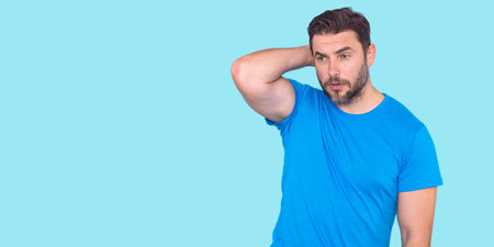 Man thinking with confuse face on isolated background. Hispanic Man thinking about question, pensive...