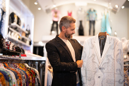 Suit male fashion shop. Man shopping fashion jacket. Stylish man in suits boutique. Mature man choosing jacket. Designer jacket. Glamour jacket with rhinestones in luxury store. Fashionable clothes.の写真素材
