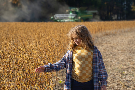 Child in a wheat field. Little farmer at work. Kid at rural countryside. Kid on a farm. Carefree childhood outdoors. Kid walking in golden wheat. Kid in the meadow. Harvest season fun. Child on farmland.の写真素材