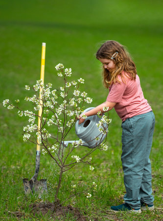 Cute child plant and watering tree in the garden. Spring activity of plant trees. Kid work with shovel and watering can. Kid plant fruit tree. Gardening kids. Kid growth plant and care for tree.の写真素材