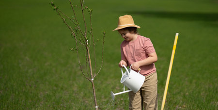 Child plant tree in spring field. Little gardener with watering can and shovel. Child cultivating tree in garden.の写真素材