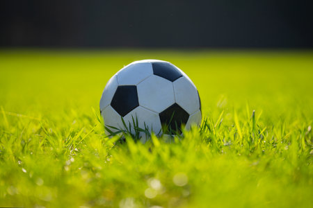 Soccer ball on grass outdoors. Soccer ball background. The sport. Football Soccer concept. Kicking the soccer ball on the green field.の写真素材