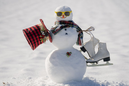 Snowman winter background. Snow holiday scene. Festive snowman with scarf. Snowy design. Happy snow-man with hat. Christmas banner. Frosty snowman. Winter greeting postcard. Cute snowman.の写真素材