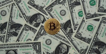 Money dollars vs bitcoin. Saving finance in currency or bitcoin. Dollars vs bitcoin. Saving money...