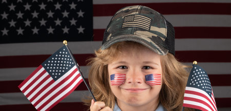 American little patriot. Independence day 4th of july. Child with american flag. American flag on...