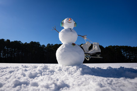 Snowman on snow winter background. Winter holiday scene. Snowman with scarf and hat. Happy snowman outdoor. Winter banner. Frosty snowman. Winter greeting card. Cute snow man. Winters holidays.の写真素材