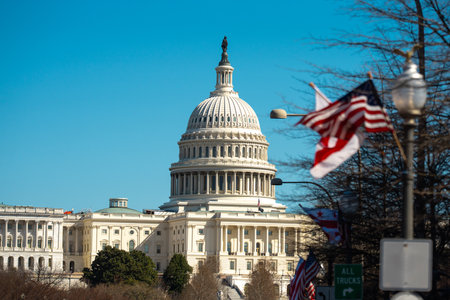 The United States Capitol as a symbol of democracy in Washington, DC. The Capitol building on Capitol Hill. US government. American flag adorns the dome of the historic Capitol. The Senate.の写真素材